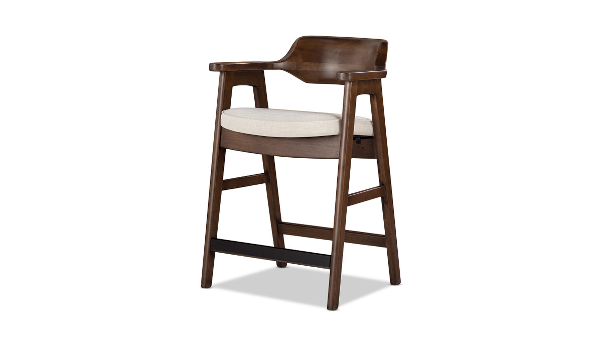 Hayes 26.5" Reclaimed Pine Upholstered Counter Stool with Arms, Dark Brown & Soft Flax Light Beige