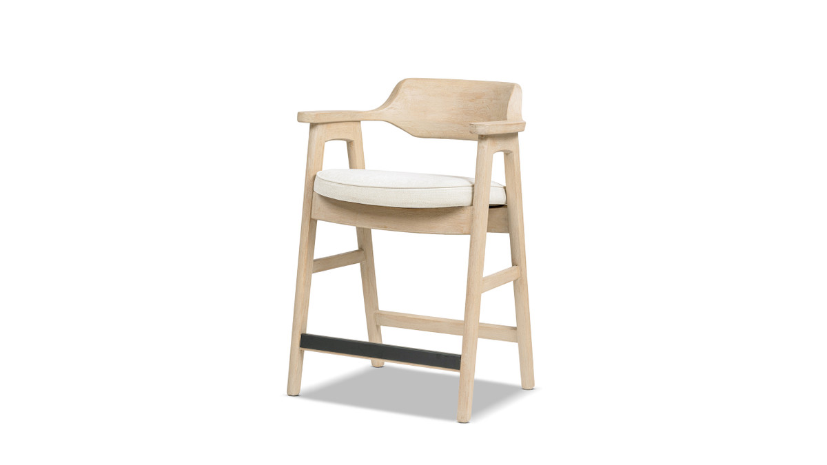 Hayes 29.5" Reclaimed Pine Upholstered Bar Stool with Arms, Light Natural & Soft Flax Light Beige