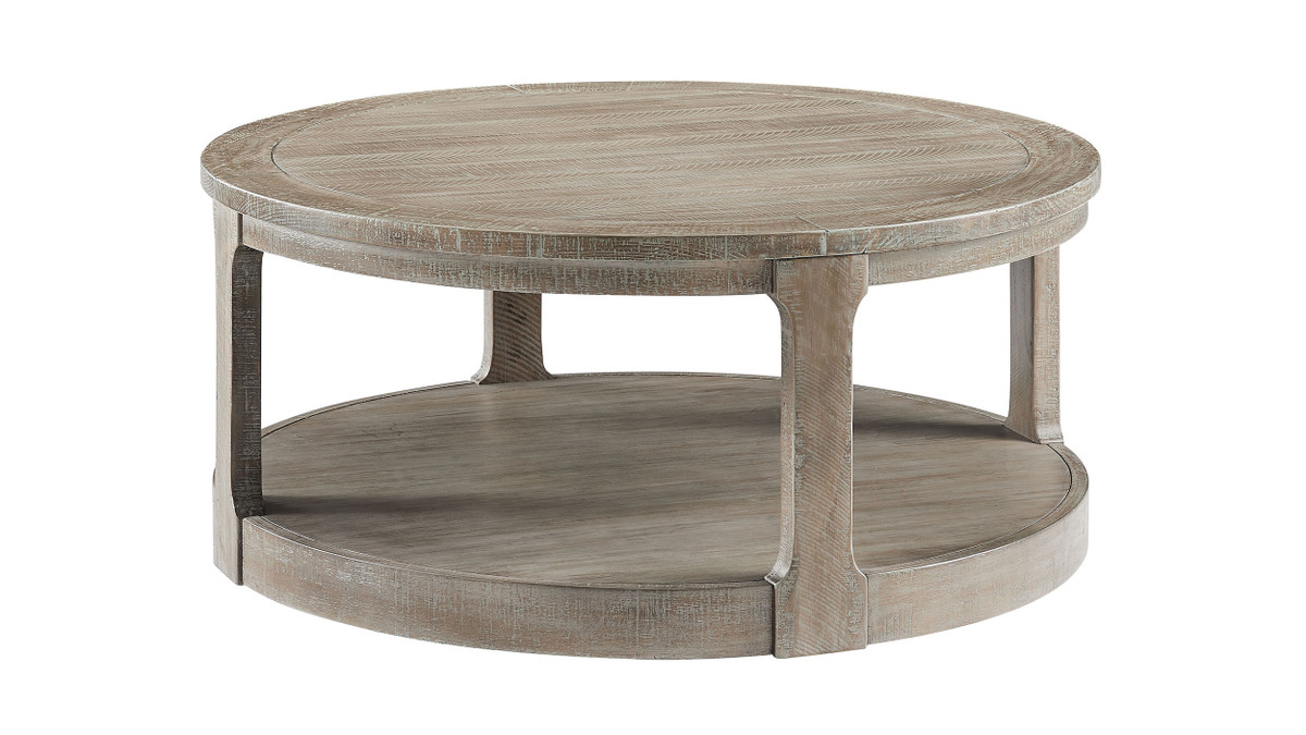 Langford 40" Rustic Round 2-Tier Pine Wood Coffee Table with Lower Shelf, Weathered Light Natural