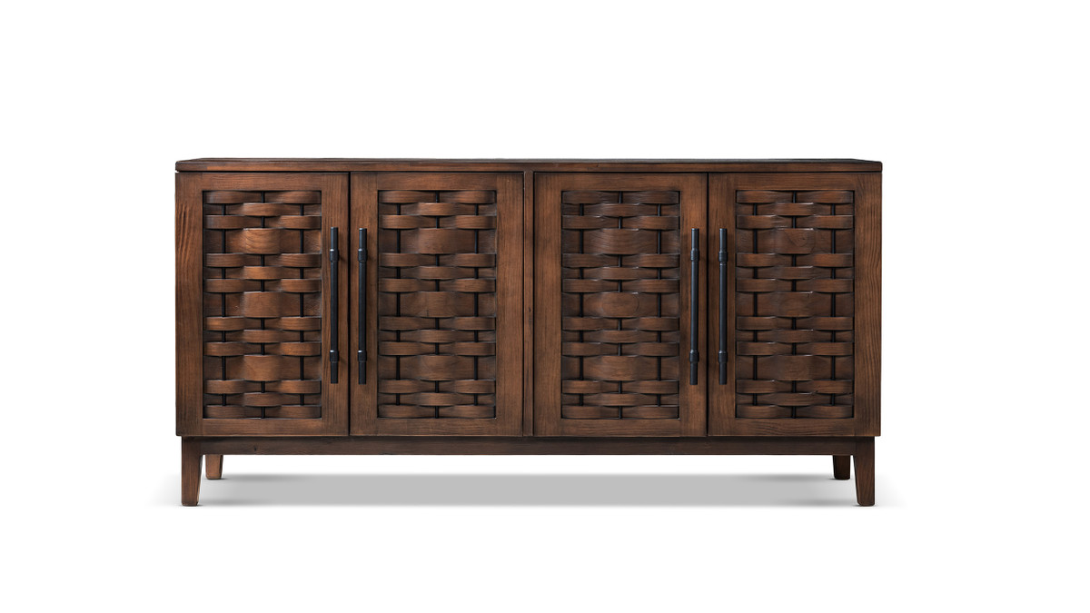 Koa 72" Reclaimed Pine Sideboard with Handwoven-Inspired Wood Doors, Java Brown