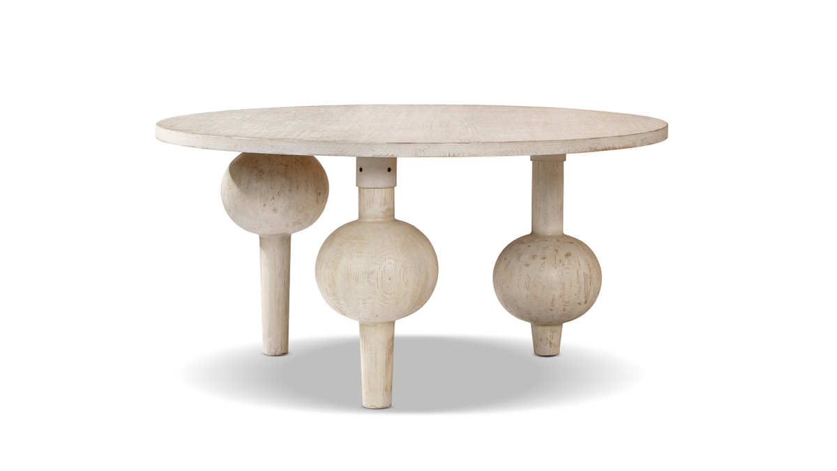 Odette 60" Round Reclaimed Pine Sculptural Dining Table, Whitewashed Natural