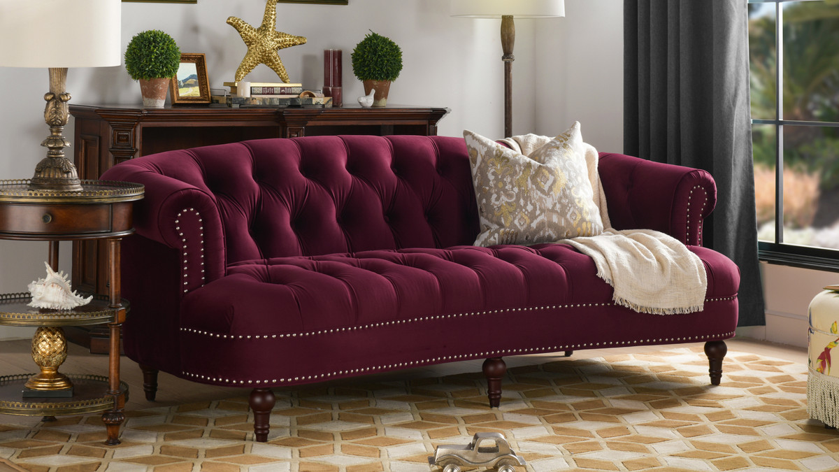 Burgundy velvet chesterfield sofa Clearance