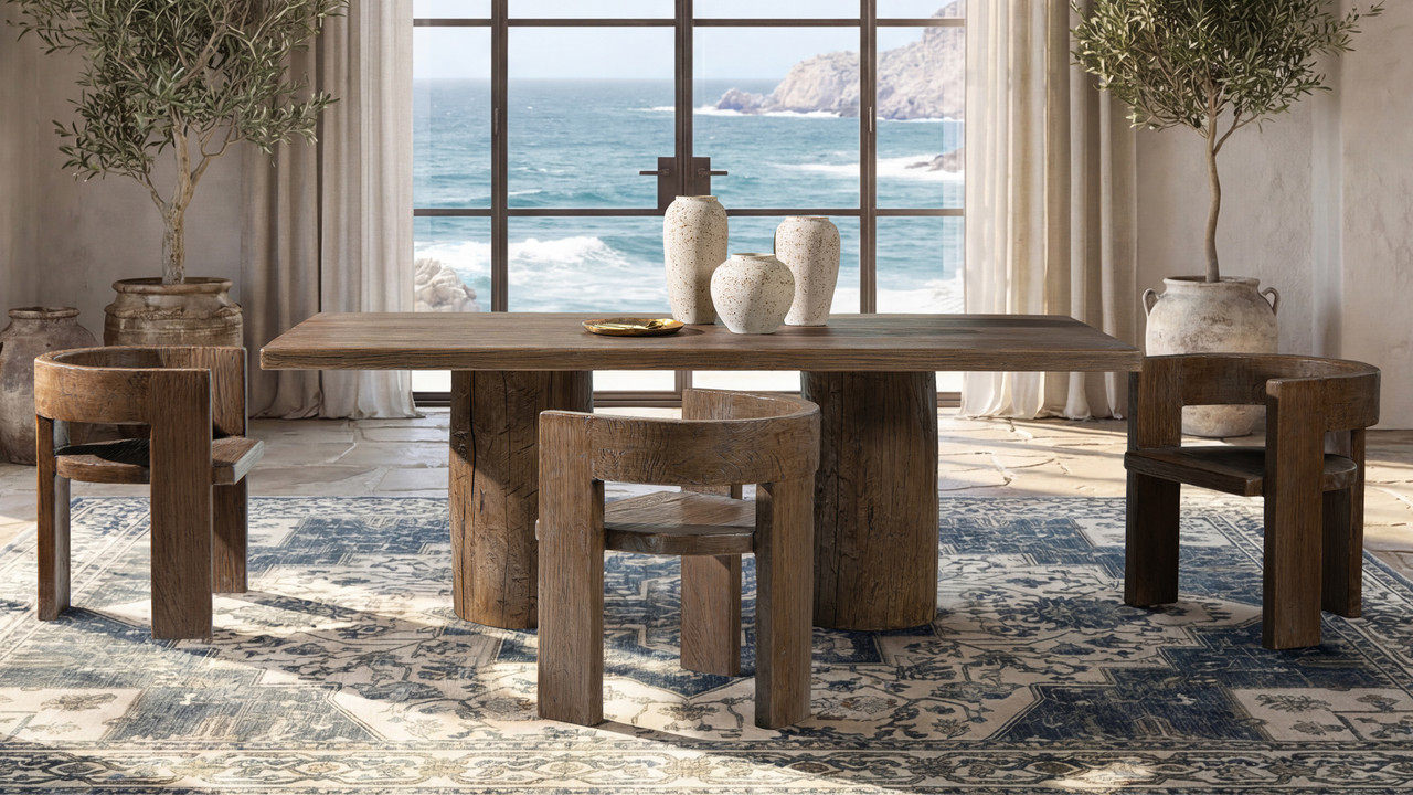 Arbor 84" Solid Reclaimed Elm Double Pedestal 8-Person Dining Table, Heritage Medium-Dark Brown