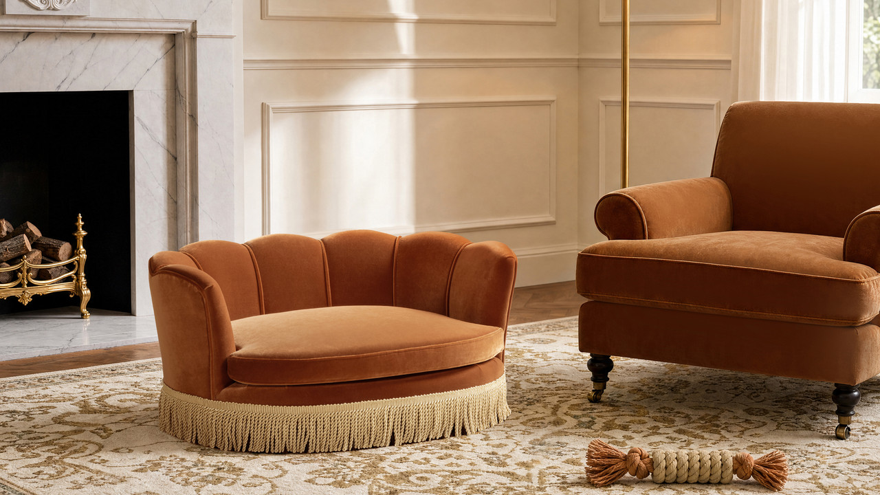 Rust velvet pet bed with fringe trim beside a matching rust velvet armchair in a room with a marble fireplace