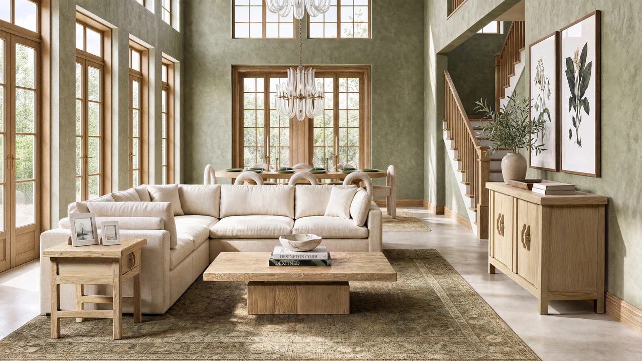 Open-plan living room in sage plaster with a cream sectional, reclaimed elm coffee table and sideboard, and a dining table beyond
