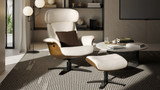 Jovan 31.5" Mid-Century Modern Genuine Leather Recliner Lounge Chair & Ottoman Set, Porcelain White