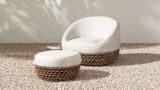 Willow 2pc Upholstered Woven Patio Armchair Set with Ottoman, Golden Brown Wicker Frame, Wheat Beige 2