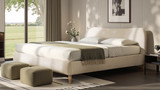 Roman Curved Headboard Upholstered Platform Bed, King, Oatmeal Light Beige