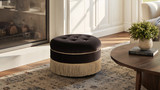 Yolanda 24" Round Upholstered Accent Ottoman, Deep Brown