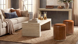 Veda 55" Reclaimed Pine Wood Stacked Geometric Waterfall Coffee Table, Whitewashed Natural