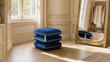 Arabella 19.5" Squared Upholstered Ottoman with Bullion Fringe, Navy Blue