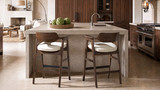 Hayes 29.5" Reclaimed Pine Upholstered Bar Stool with Arms, Dark Brown & Soft Flax Light Beige