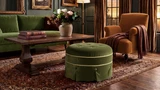 Maribel 24" Round Tufted Performance Velvet Ottoman with Skirted Base, Olive Green