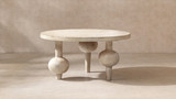 Odette 36" Round Sculptural Reclaimed Pine Coffee Table, Whitewashed Natural