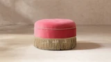 Yolanda 24" Round Tufted Velvet Accent Ottoman with Bullion Fringe, Garnet Rose Pink