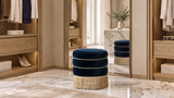 Edward 17.5" Round Upholstered Ottoman with Bullion Fringe, Dark Navy Blue