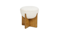 Bali 18.5" Round Upholstered Ottoman with Natural Wood Base, Ivory White Boucle 1