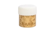 Nebula Round Burl Wood Upholstered Ottoman, Ivory White Bouclé 1