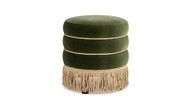 Edward 17.5" Round Upholstered Ottoman with Bullion Fringe, Olive Green 1