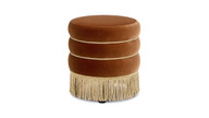 Edward 17.5" Round Upholstered Ottoman with Bullion Fringe, Burnt Orange 1