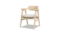 Hayes Mid-Century Reclaimed Pine Dining Arm Chair with Sculpted Wood Back, Light Natural & Soft Flax Light Beige Chenille