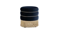 Edward 17.5" Round Upholstered Ottoman with Bullion Fringe, Dark Navy Blue