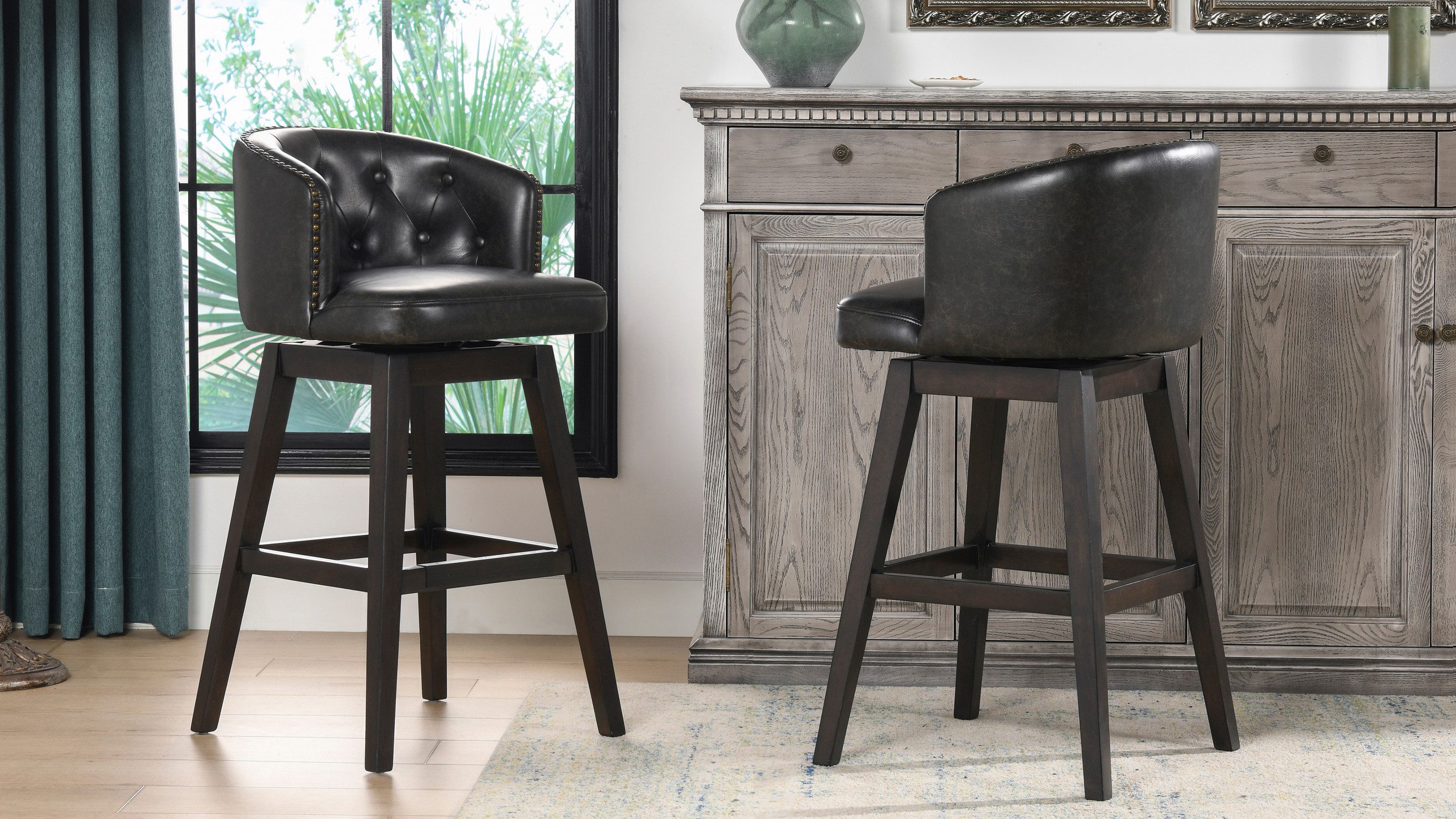 46 in. PU Leather Bar Stool Low Back Metal Swivel Bar Chair w/ Adjustable  Height Black (Set of 4)