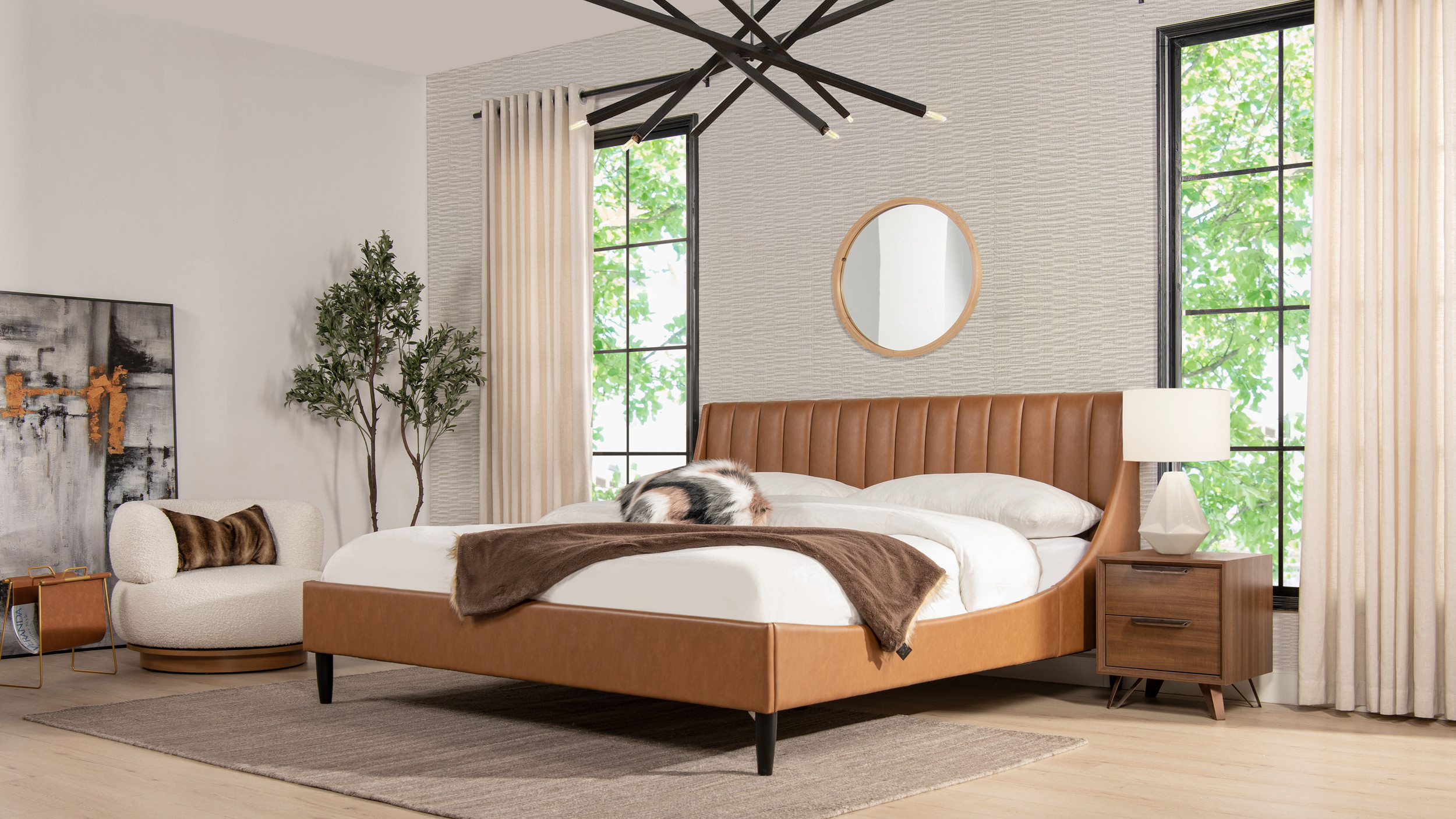 Aspen Vertical Tufted Headboard Platform Bed Set, King, Caramel