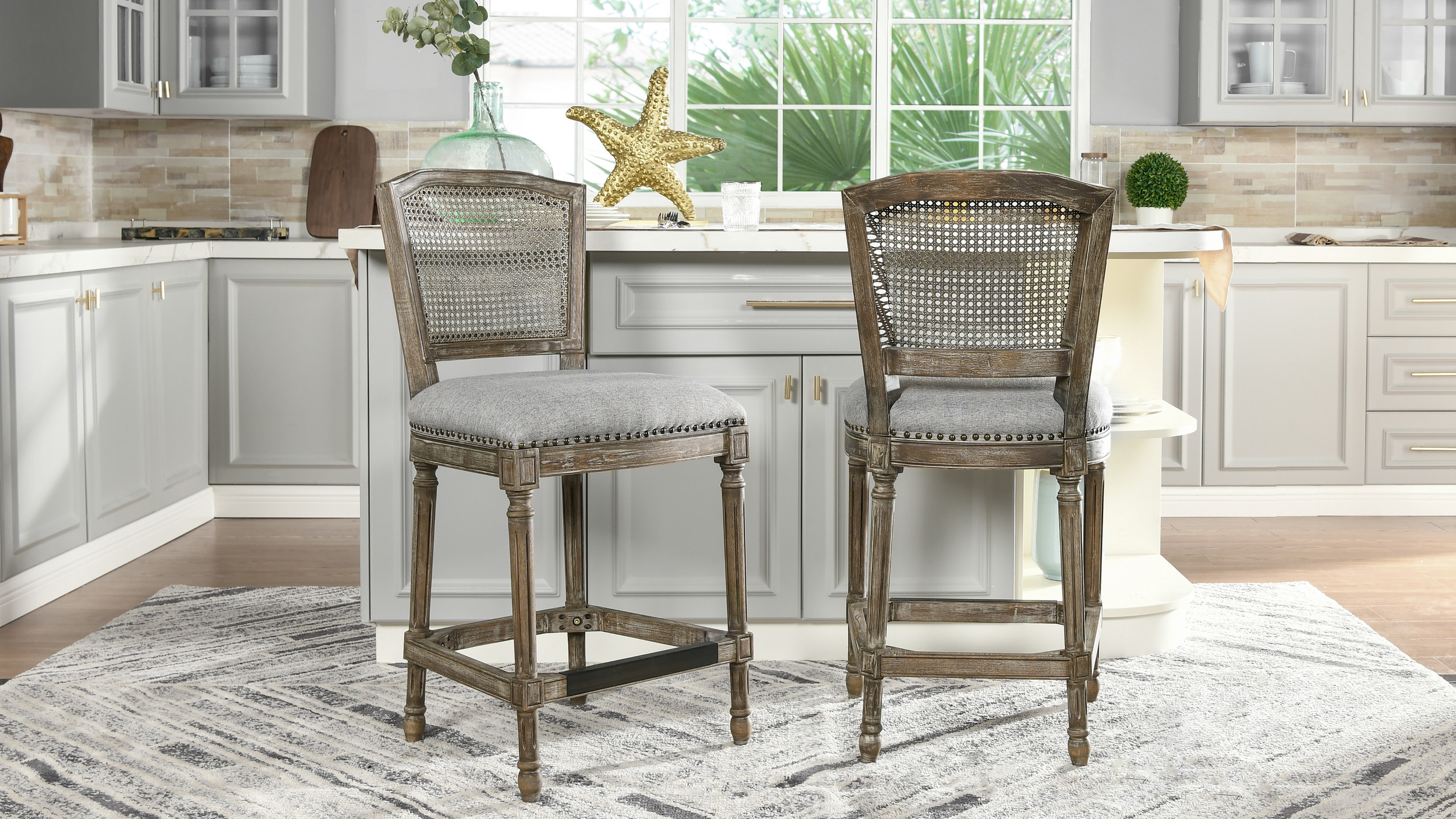 Triomphe Rattan Wicker High Back Armless Counter Height Bar Stool