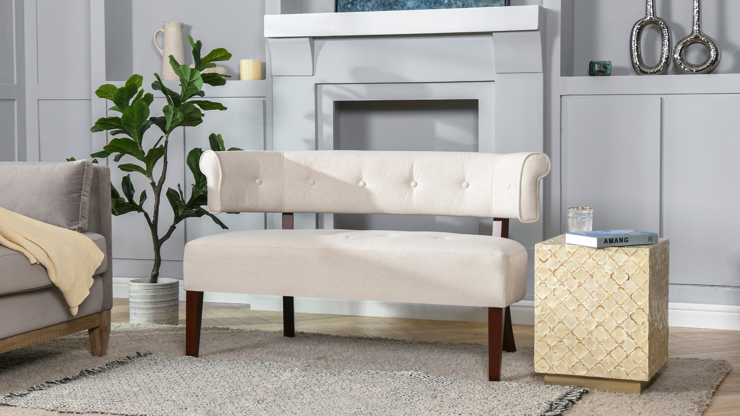 Sky - Neutral Bench Home Tufted Settee, Taylor Jennifer Jared Beige