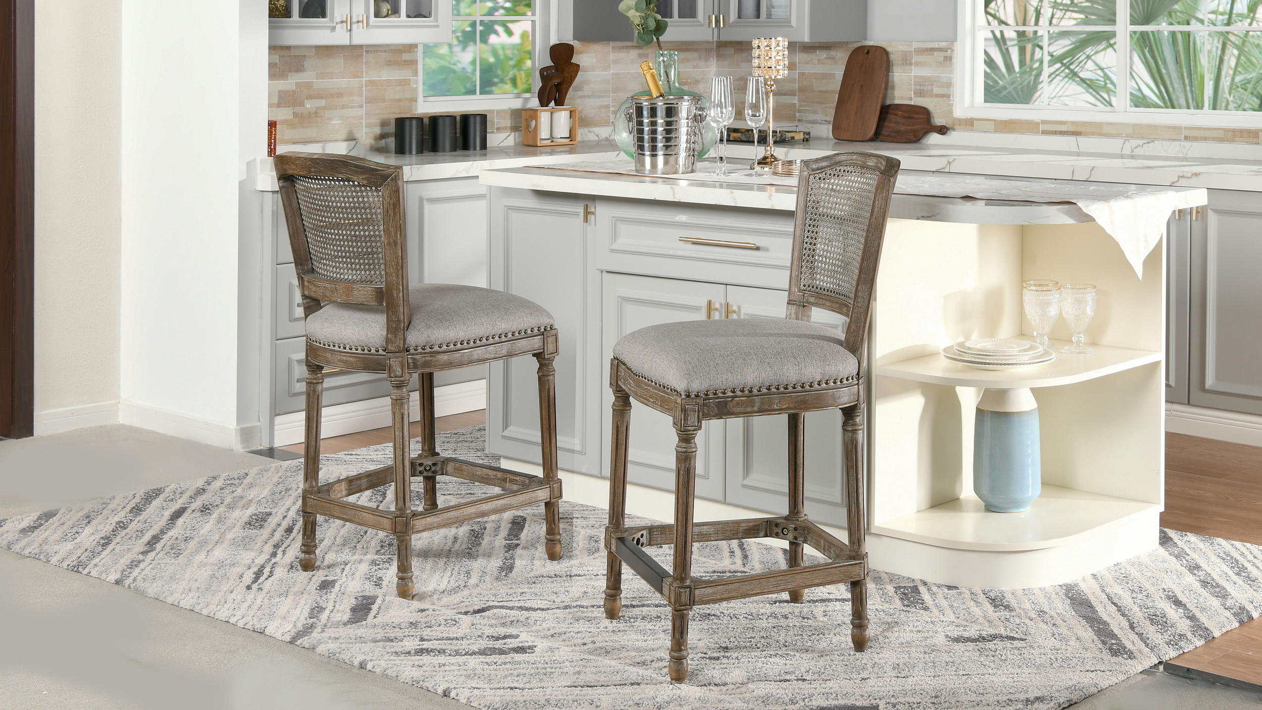 Triomphe Rattan Wicker High Back Armless Counter Height Bar Stool