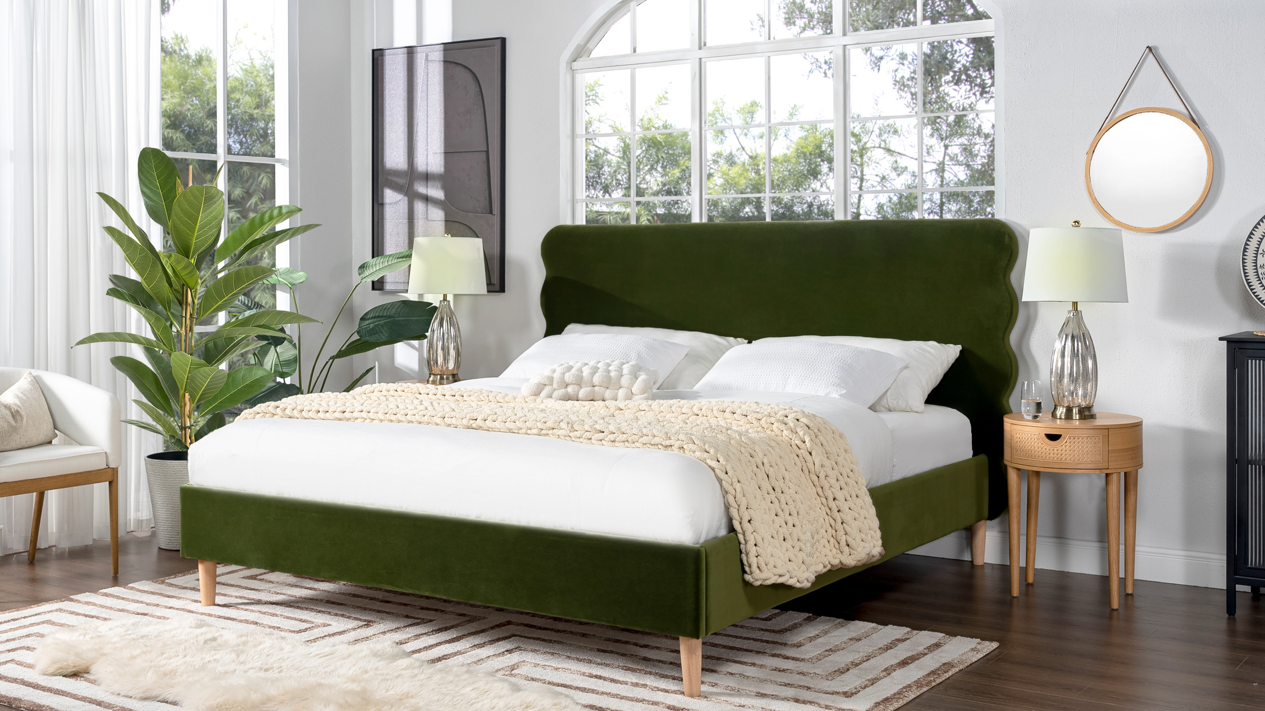 Stockholm Modern Wavy Headboard Platform Bed, King, Olive Green