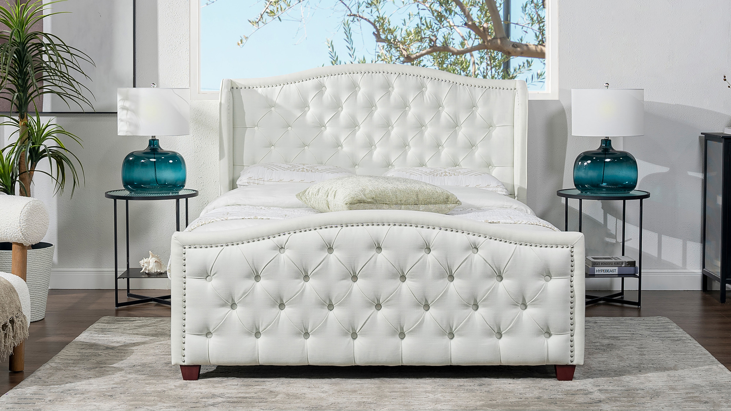 White upholstered clearance bed frame queen