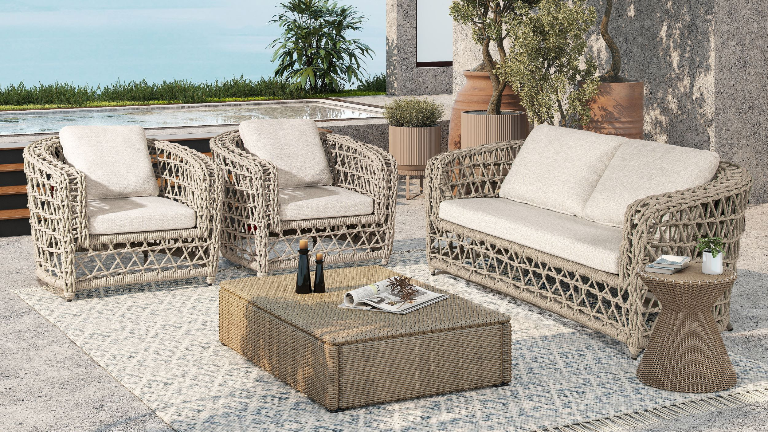 ★ＪＥＮＮＩＦＥＲ　ＴＡＹＬＯＲ★ 〜Bｏｘ3P Set〜 Everly 3pc Woven Frame Barrel Deep Seating Patio