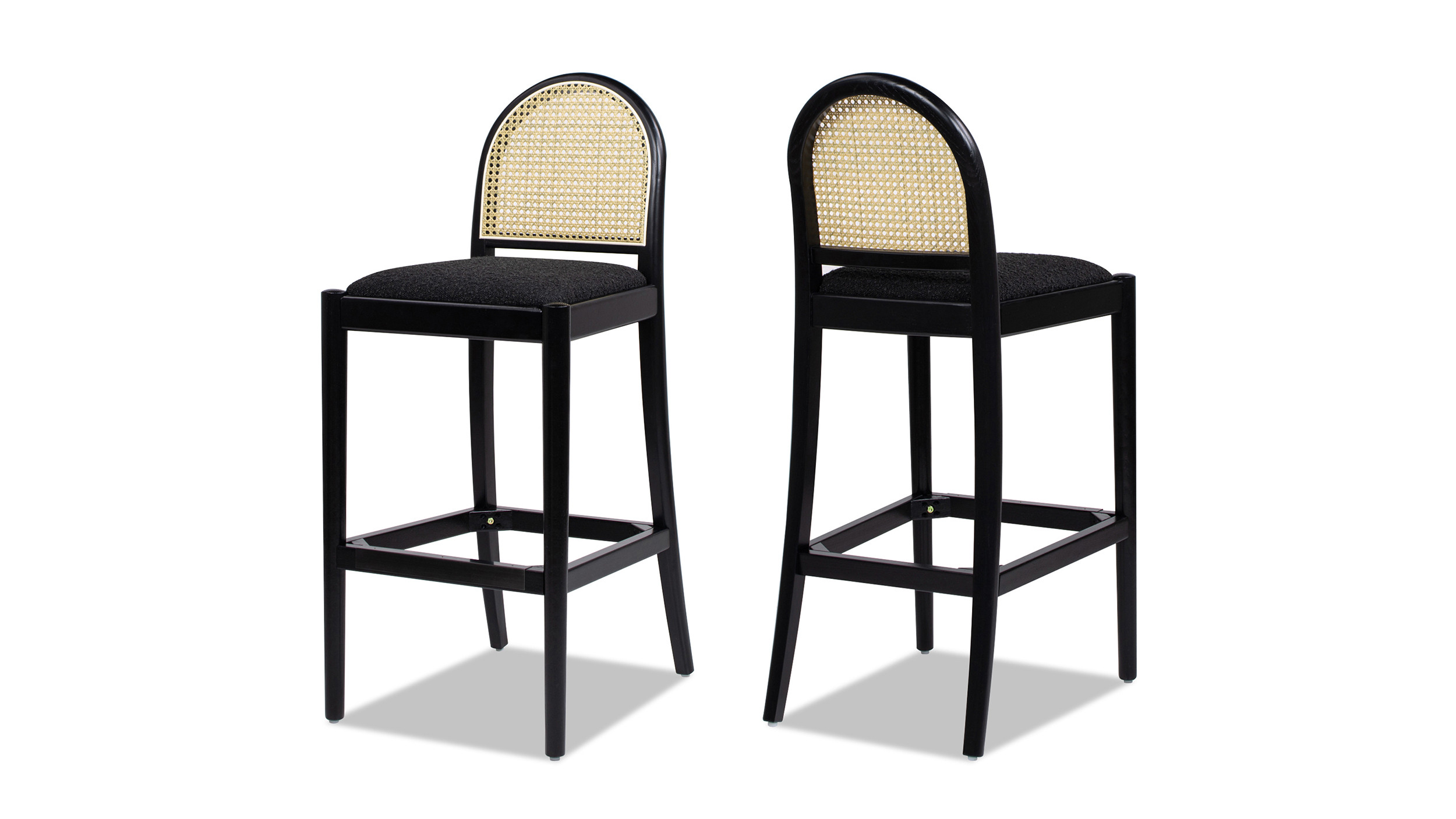Panama 30.5" Curved Back Cane Rattan Bar Stool, Set of 2, Ebony Black Bouclé