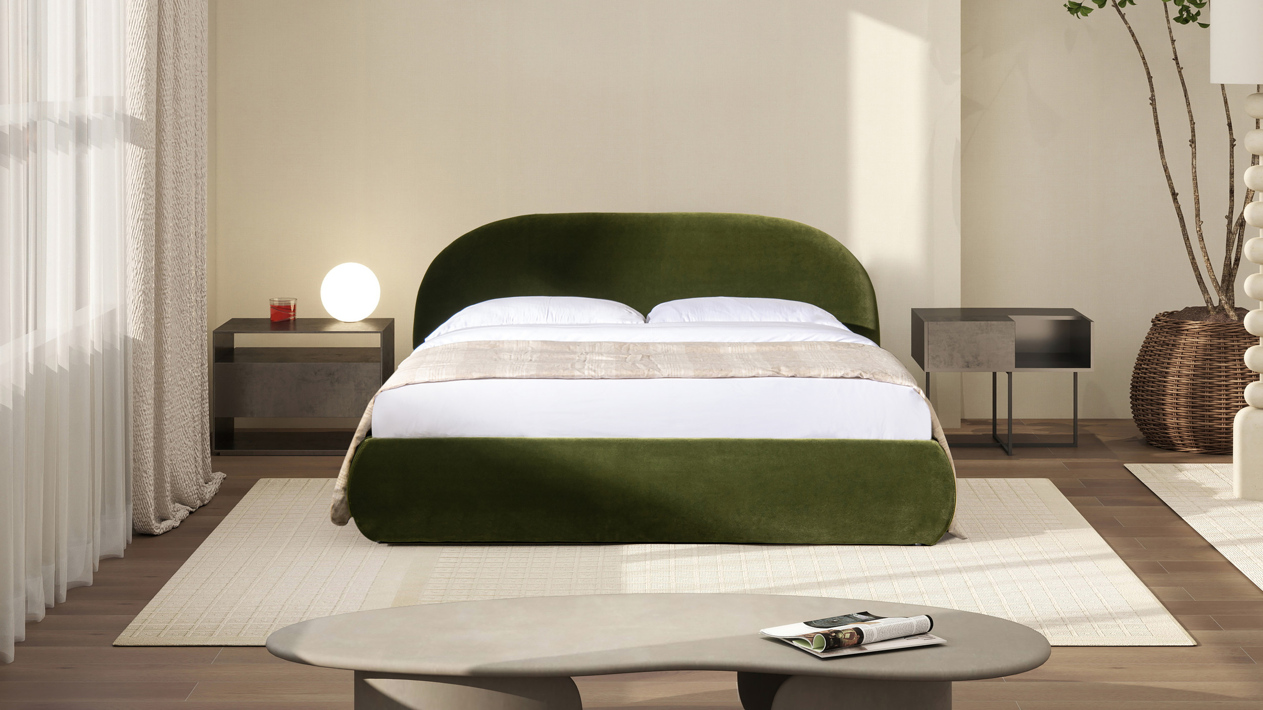 Archie Puffy Grounded Upholstered Platform Bed, Queen, Olive Green