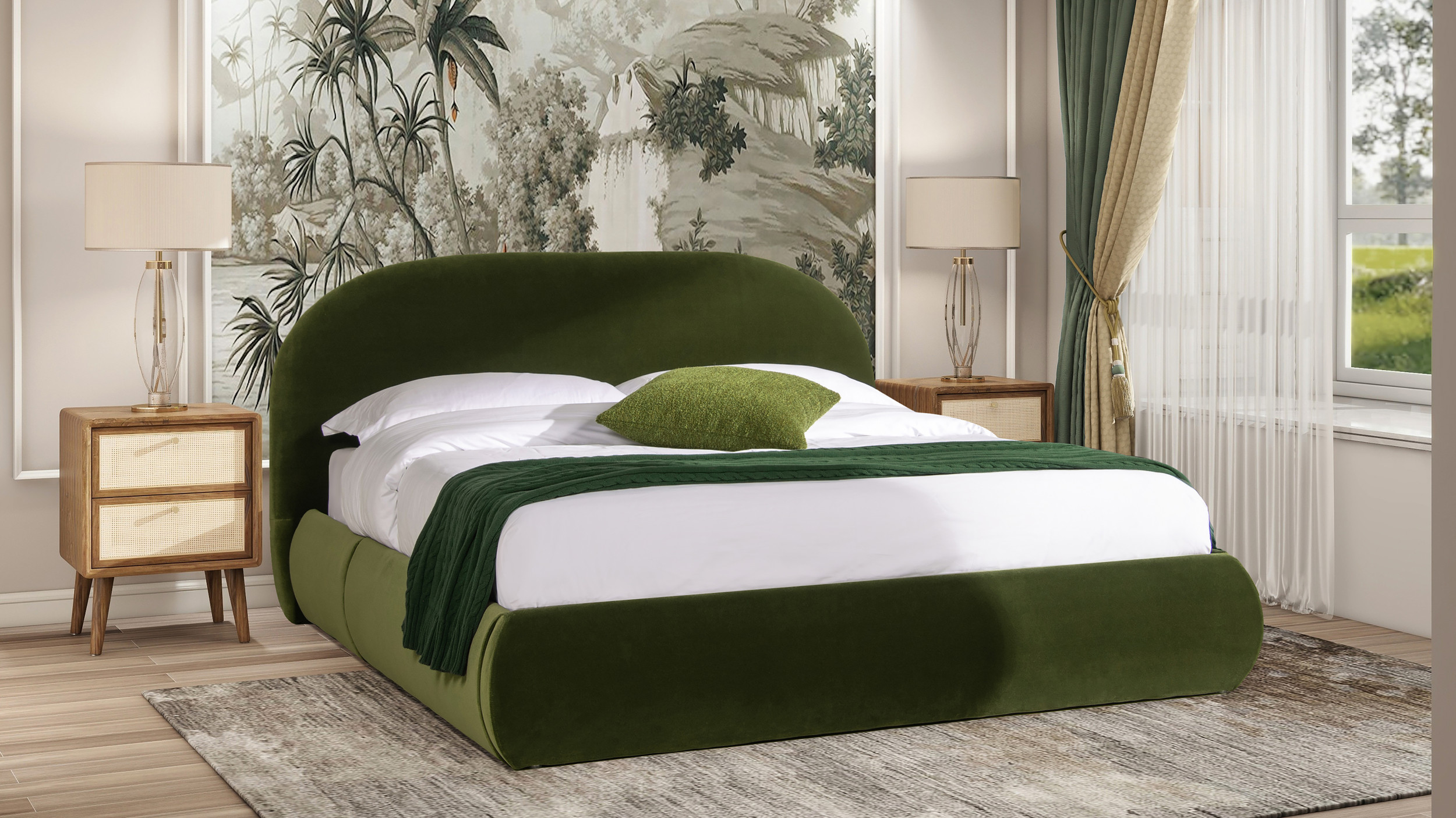 Archie Puffy Grounded Upholstered Platform Bed, Queen, Olive Green