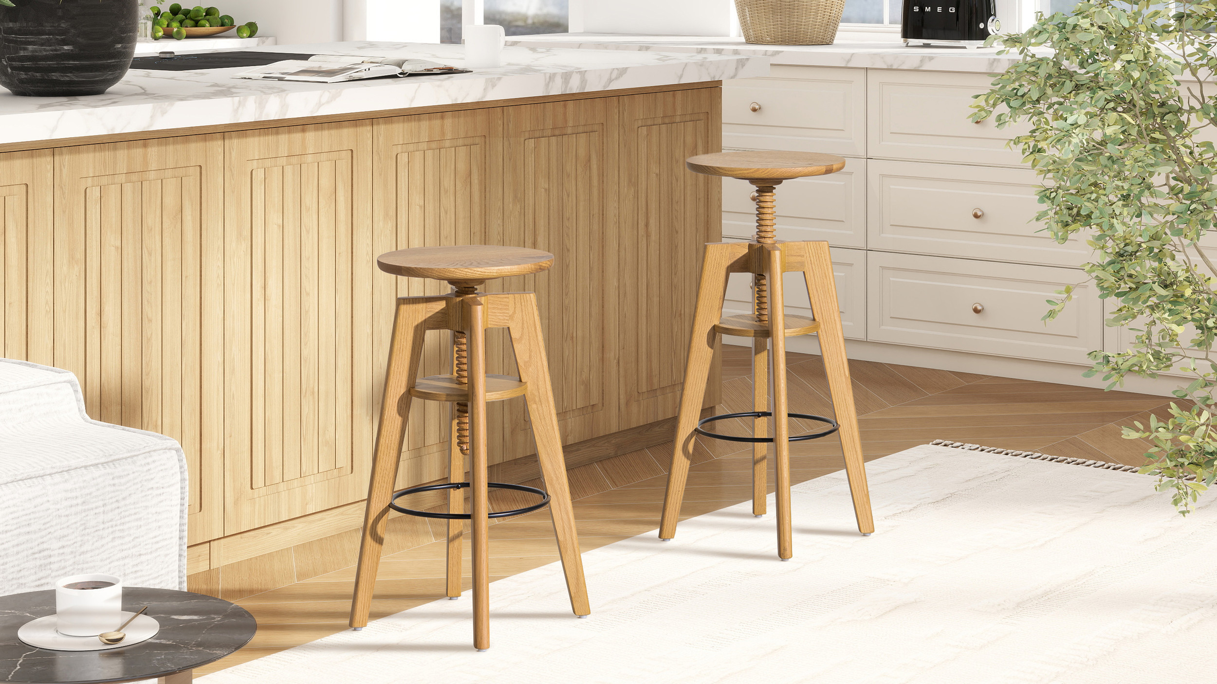 Spencer Minimalist Oak Wood Adjustable Bar Counter Stool, Natural