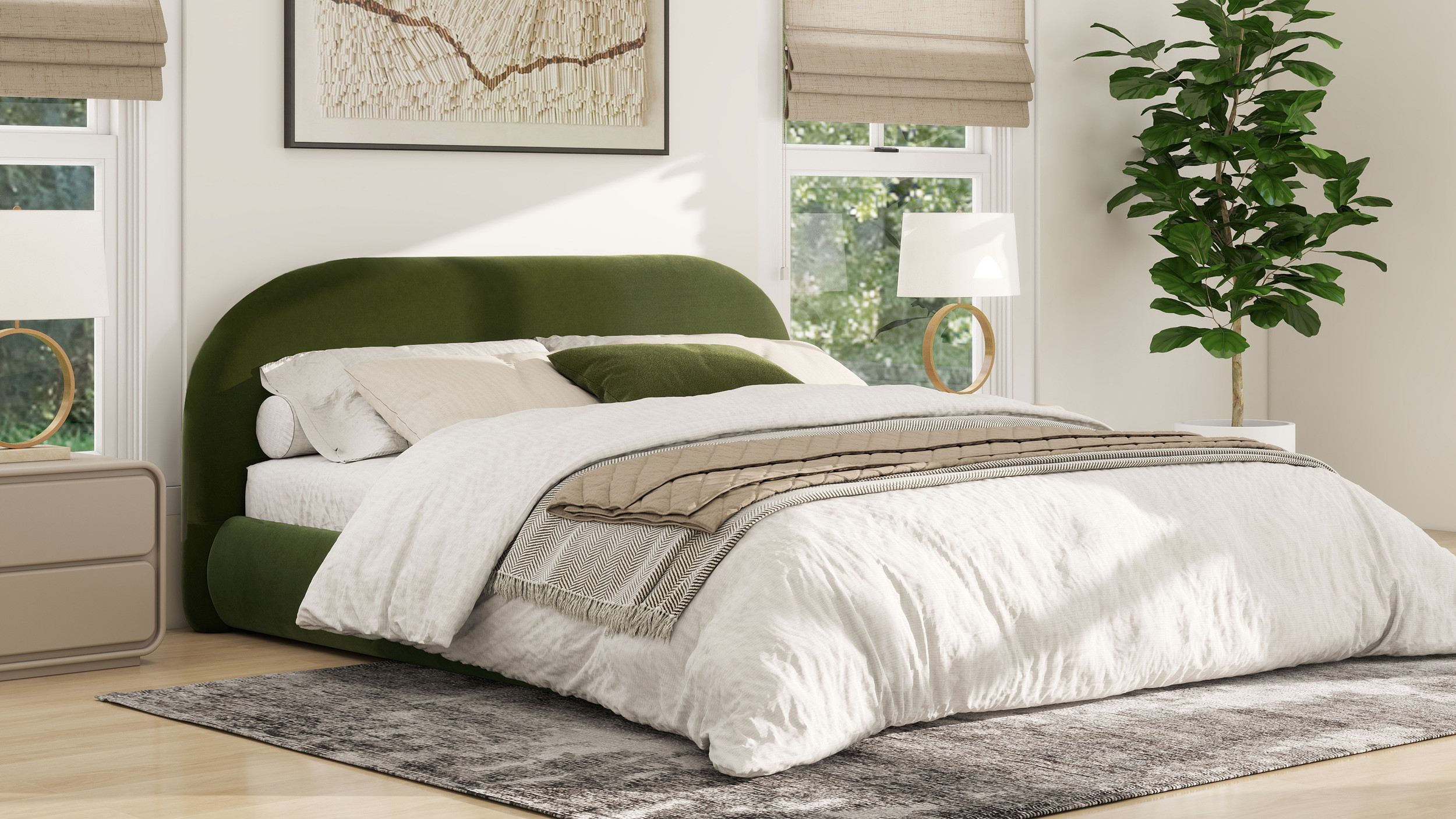 Archie Puffy Grounded Upholstered Platform Bed, King, Olive Green