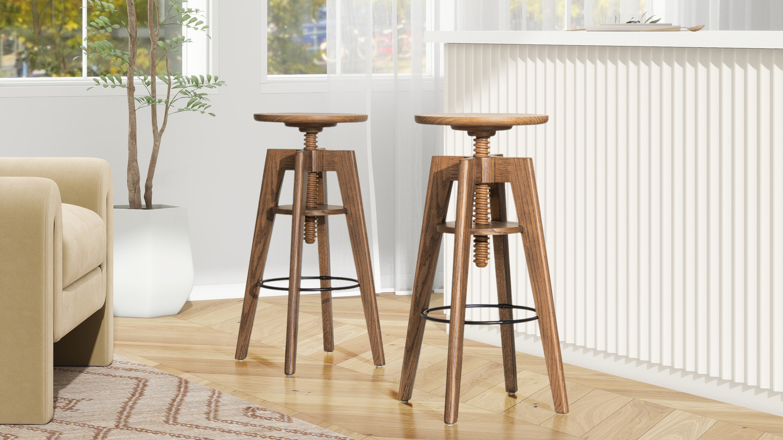 Spencer Minimalist Oak Wood Adjustable Bar Counter Stool, Walnut