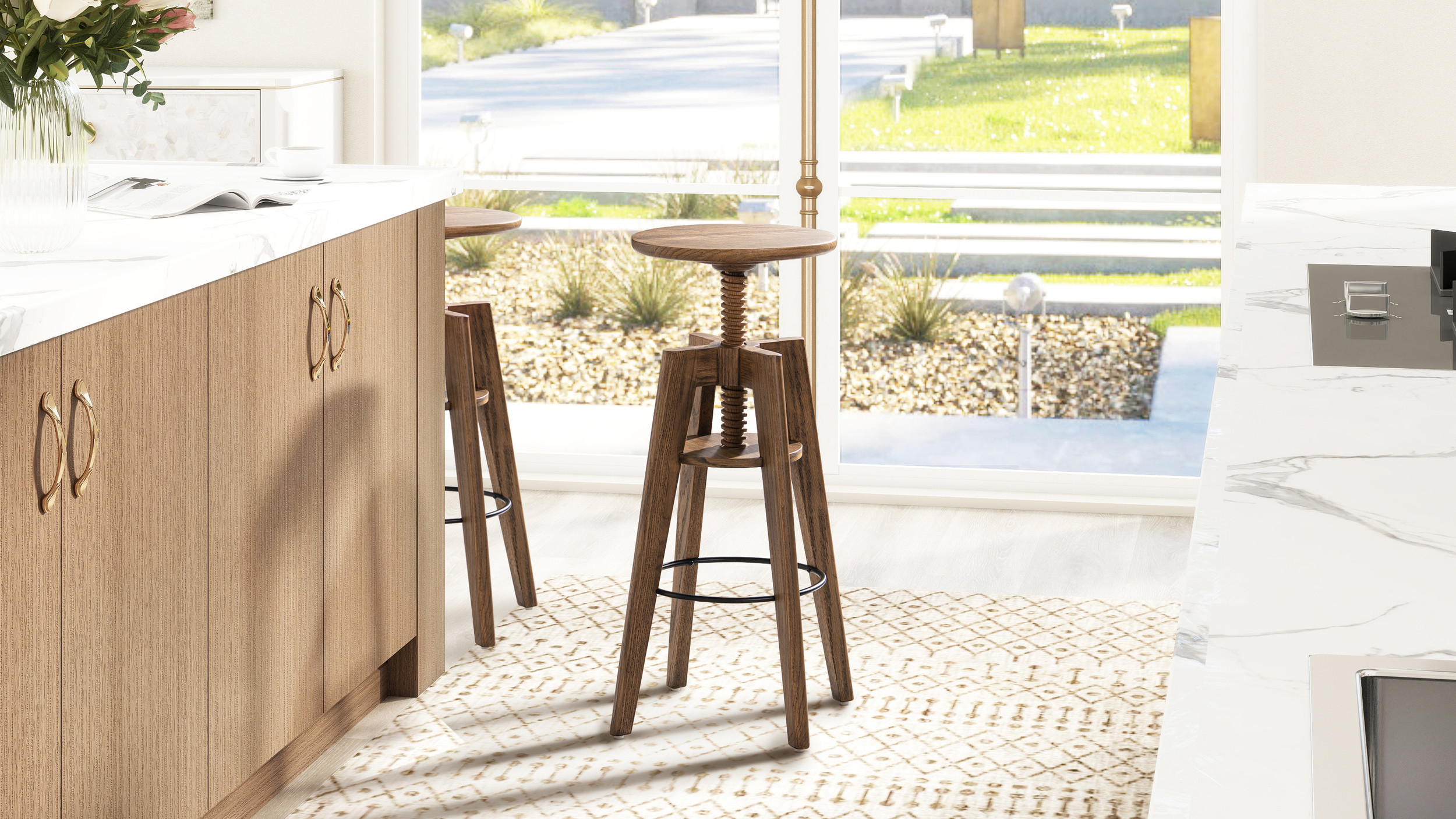 Spencer Minimalist Oak Wood Adjustable Bar Counter Stool, Walnut