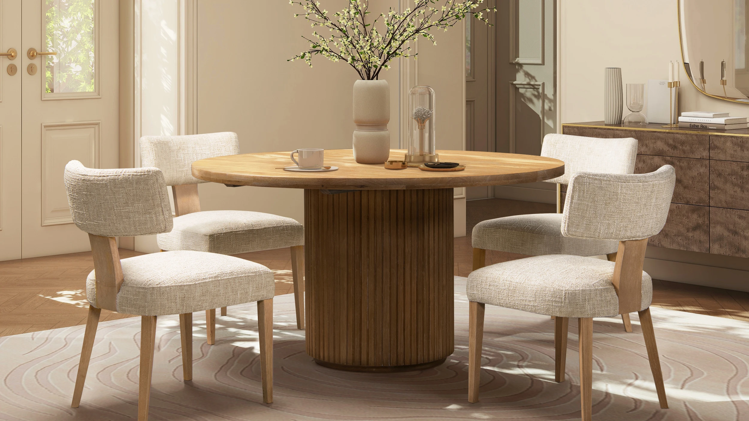 Charlotte 55" Round Fluted Solid Wood Dining Table, Bleached Blonde