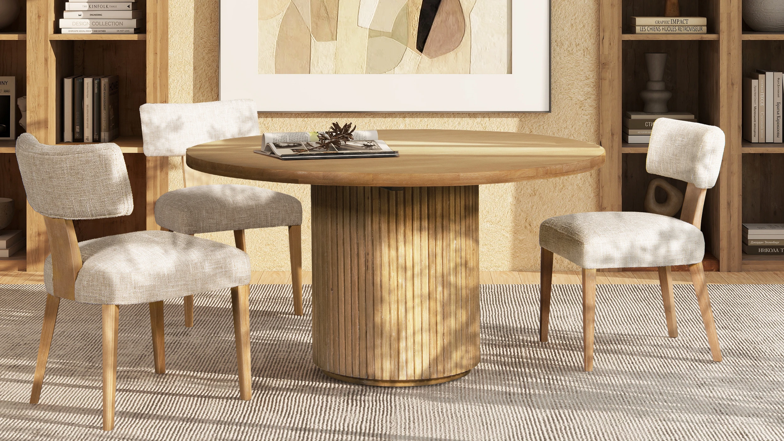 Charlotte 55" Round Fluted Solid Wood Dining Table, Bleached Blonde