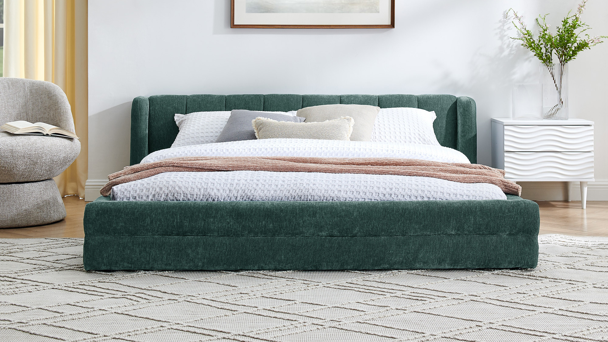 Callista Low Profile Upholstered Queen Platform Bed, Chenille