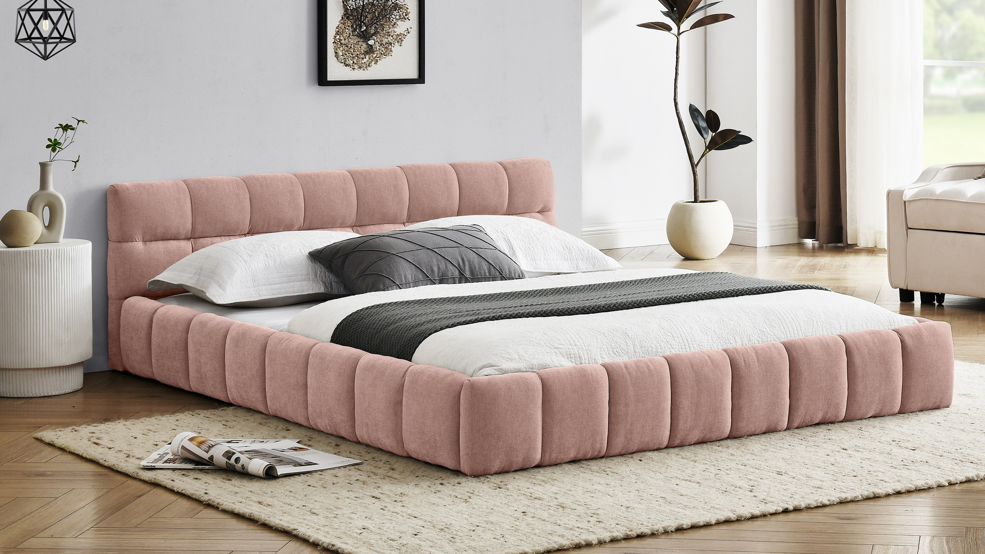 Auburn Low Profile Upholstered Queen Platform Bed, Chenille Pink