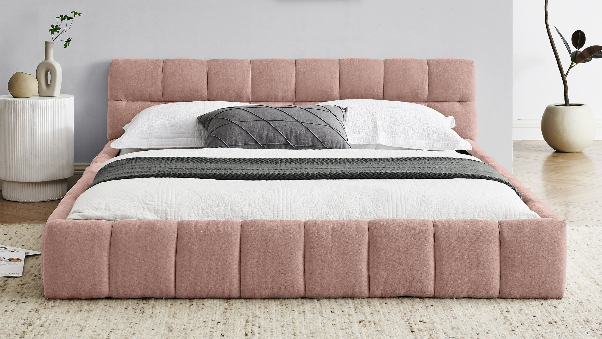 Auburn Low Profile Upholstered Queen Platform Bed, Chenille Pink