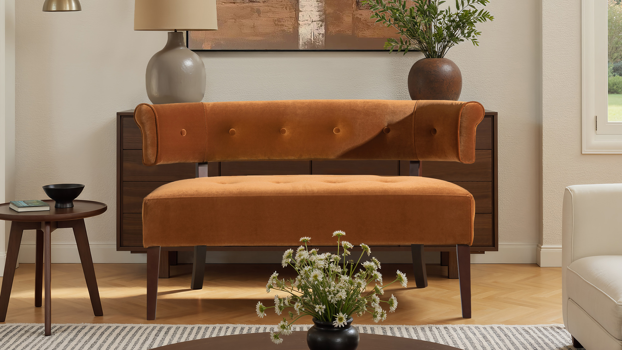 Jared Tufted Bench Settee, Burnt Orange - Jennifer Taylor Home