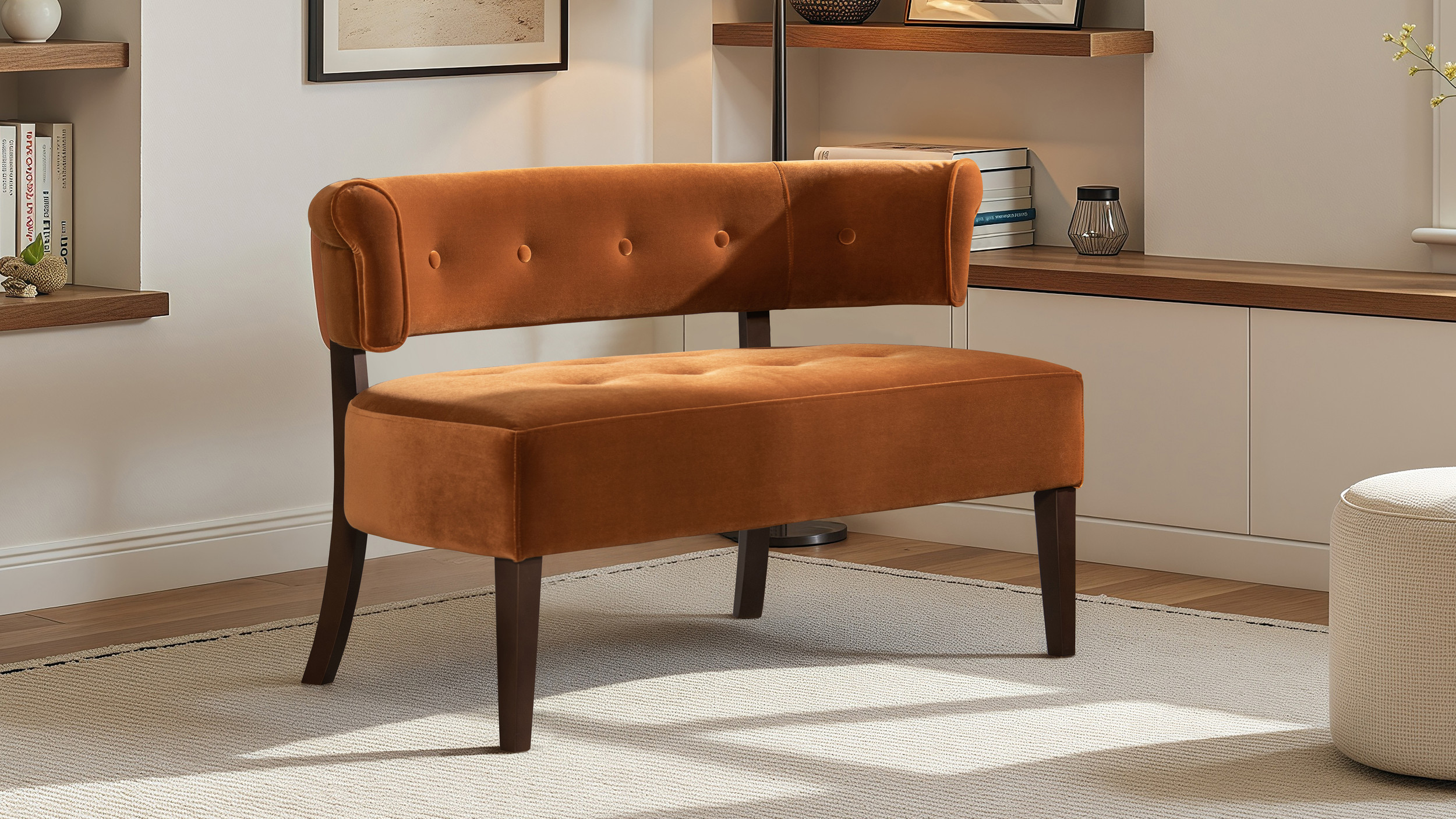 Jared Tufted Bench Settee, Burnt Orange - Jennifer Taylor Home