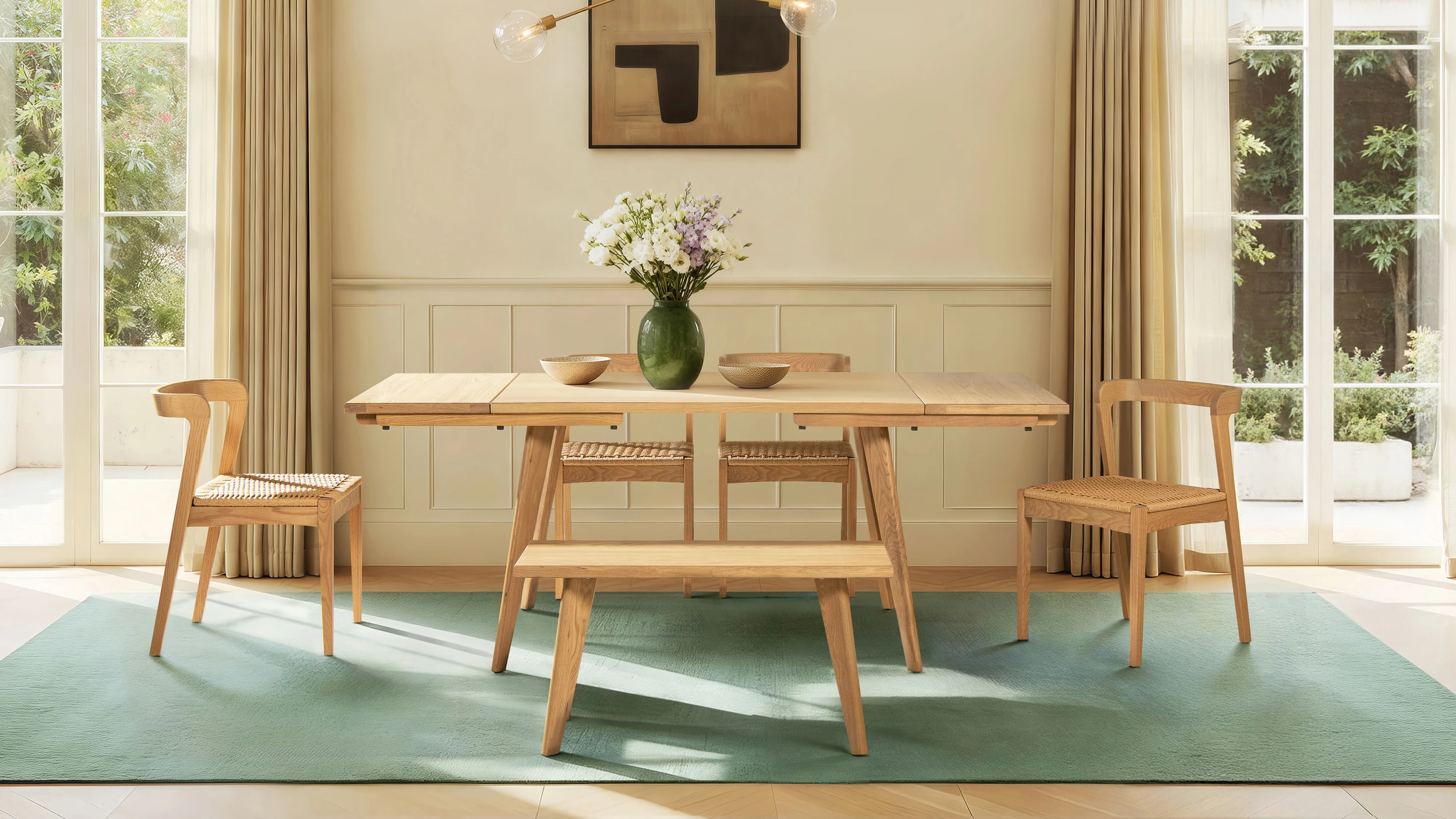 Capri 47-78.5" Solid Red Oak Wood 4-6 Seat Extendable Leaf Dining Table, Natural Brown