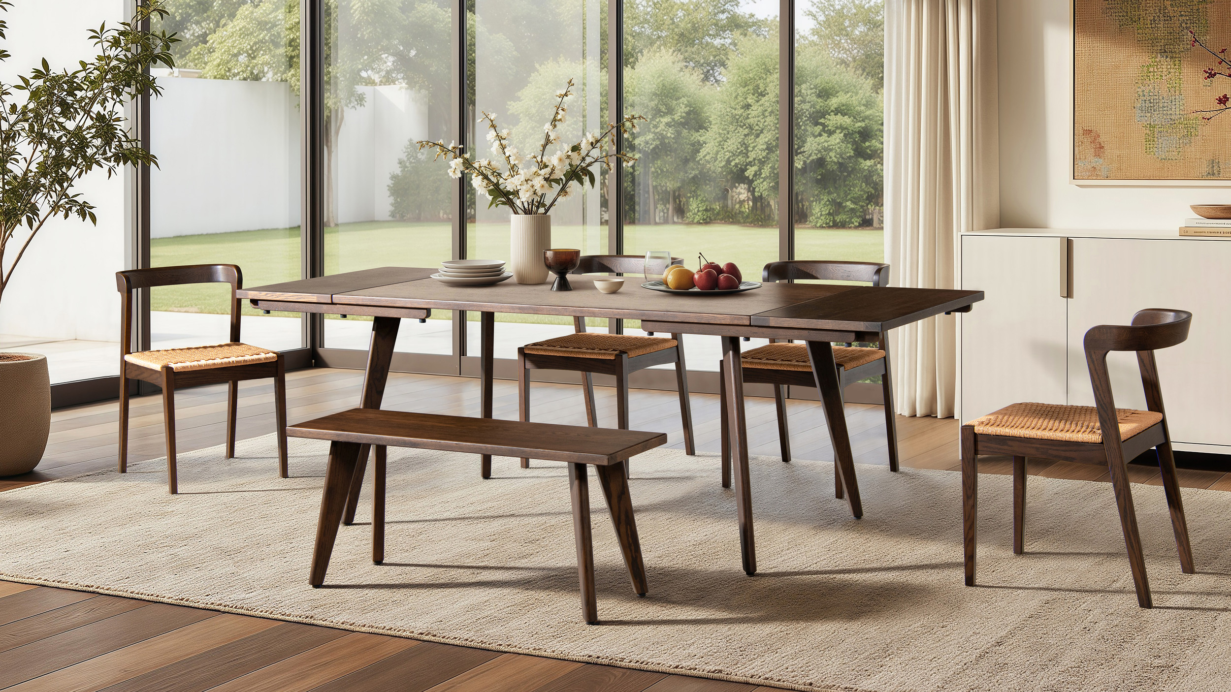 Capri Woven Seat Oak Wood Dining Chair, Dark Brown - Jennifer